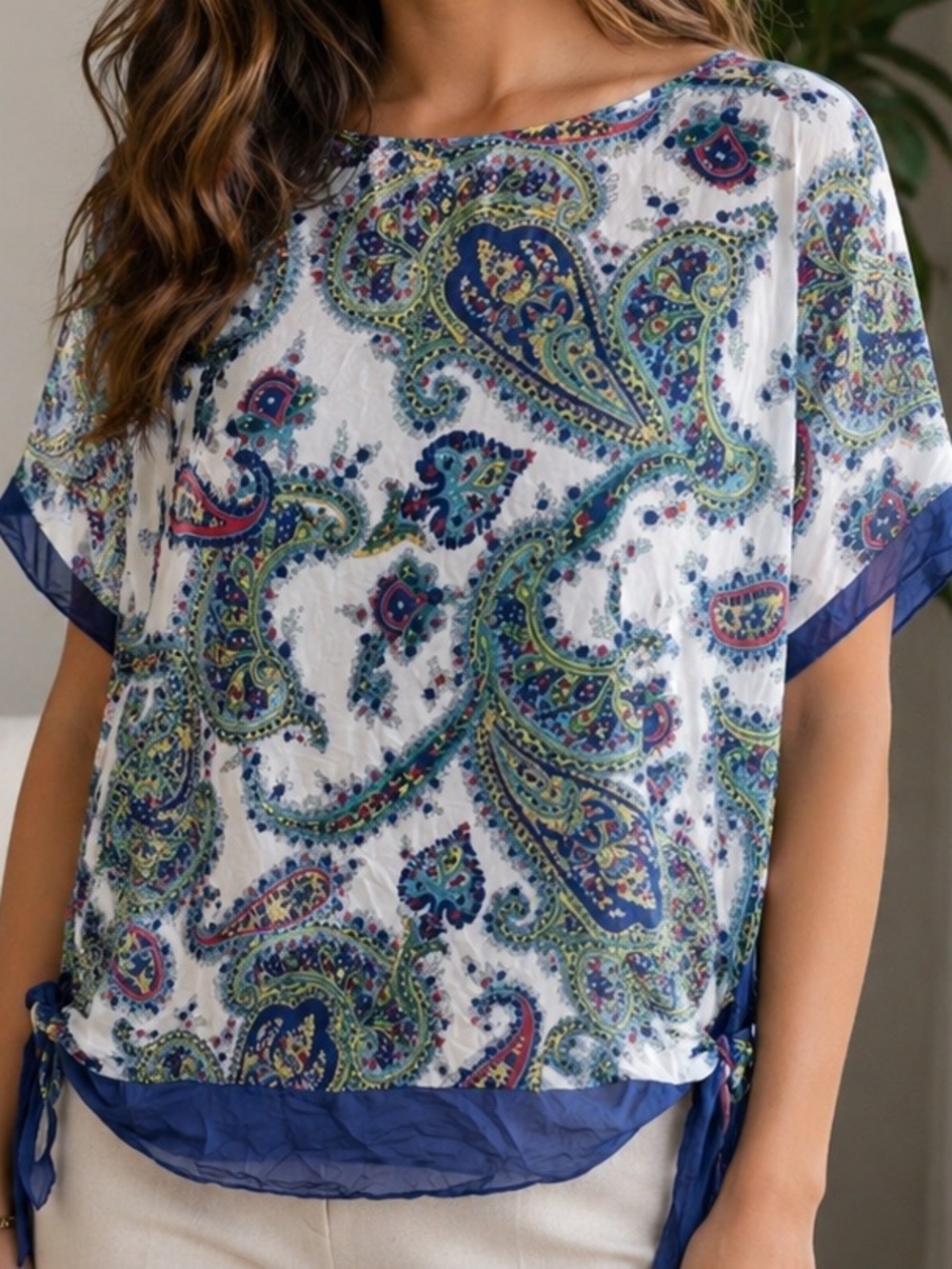 Talbots White Paisley Boatneck 100% Silk Top with Blue Trim, Size Small/Medium